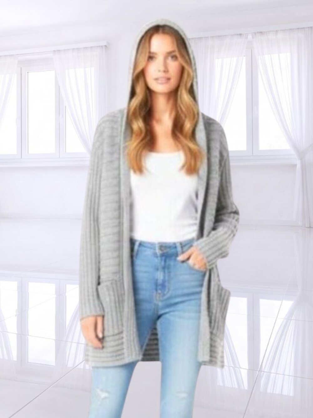 Maison Jules Grey Chunky Oversized Knit Hooded Cardigan With Pockets Large